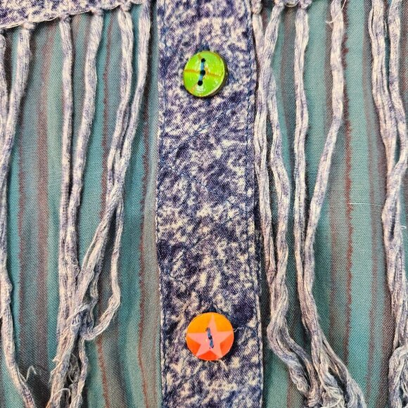 Vintage Passports Pier 1 Imports Floral Fringe Button Shirt Medium Blue Boho - Picture 6 of 10